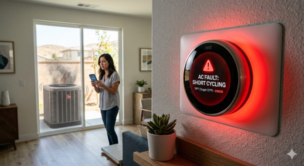Homeowner troubleshooting a smart thermostat with a multimeter near a modern AC unit.