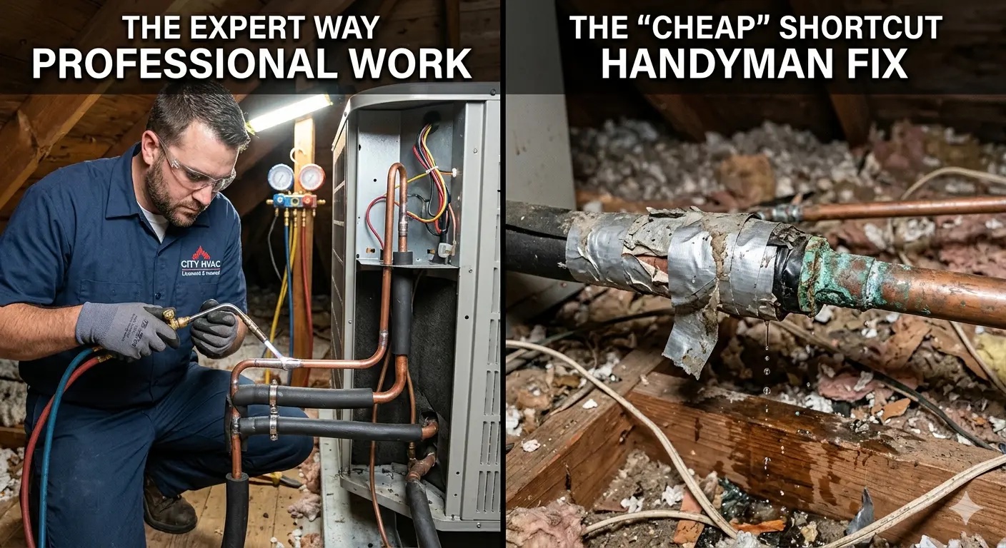 Side-by-side comparison of a professional HVAC solder joint versus a leaking pipe fixed with duct tape in an attic.
